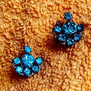 Crystal blue persuasion vtg earrings screw back no flaw aqua blue ornate Design